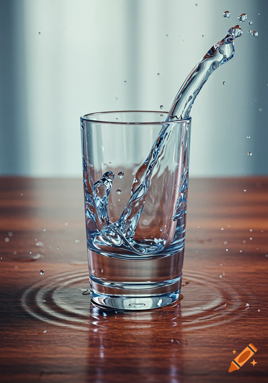 A close-up, photorealistic shot of water splashing out of a clear glass onto a wooden table.