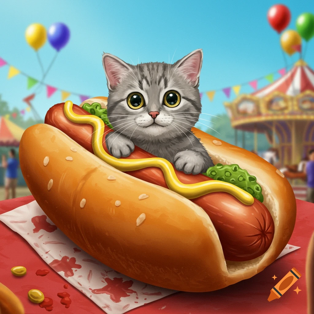 A cute gray tabby kitten with large eyes sits in a hot dog bun with mustard and relish at a blurry carnival.