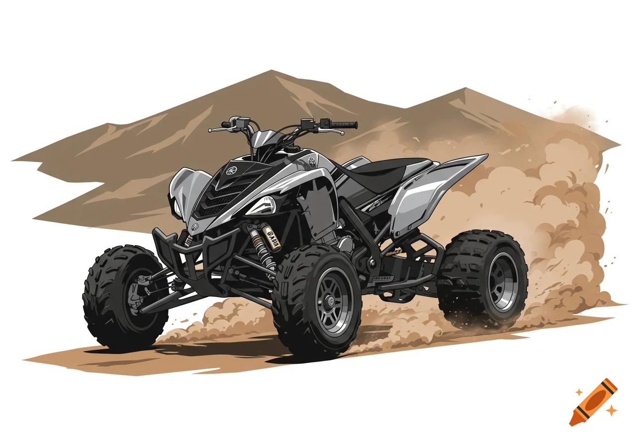 A black and grey Yamaha ATV drives through a desert landscape, kicking up dust in a graphic design vector style.