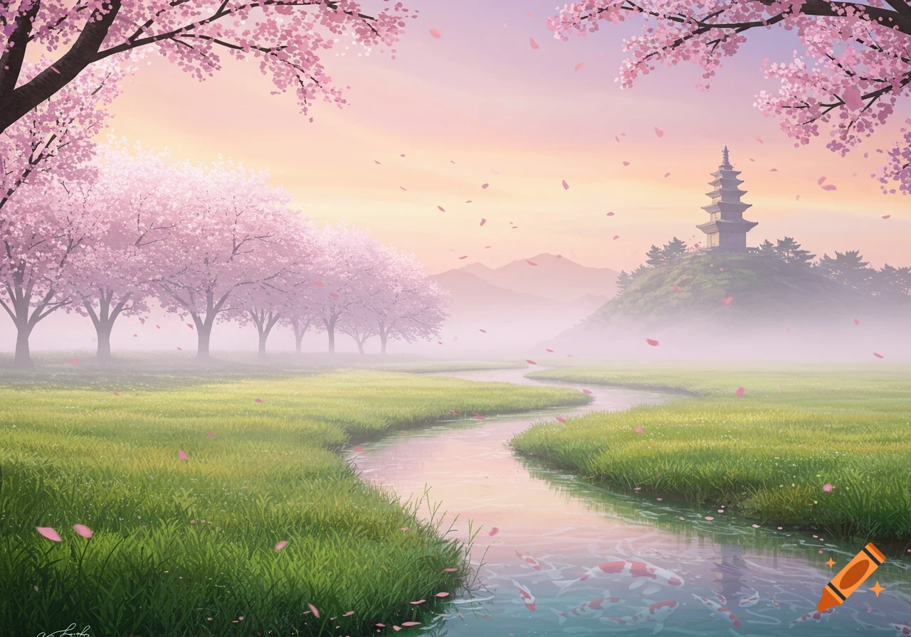 Dreamy landscape illustration with a winding river, cherry blossom trees, a pagoda on a misty hill, and koi fish.