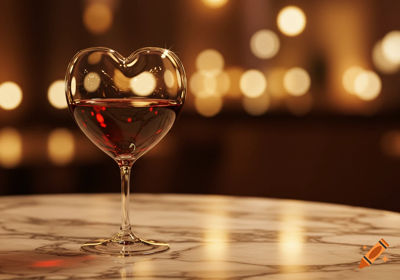A heart-shaped wine glass filled with red wine sits on a marble table with blurry bokeh lights in the background.