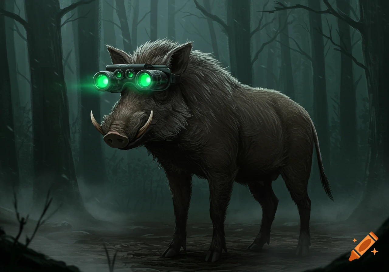A detailed digital art depiction of a feral hog wearing green glowing panoramic night vision goggles in a dark, misty forest.
