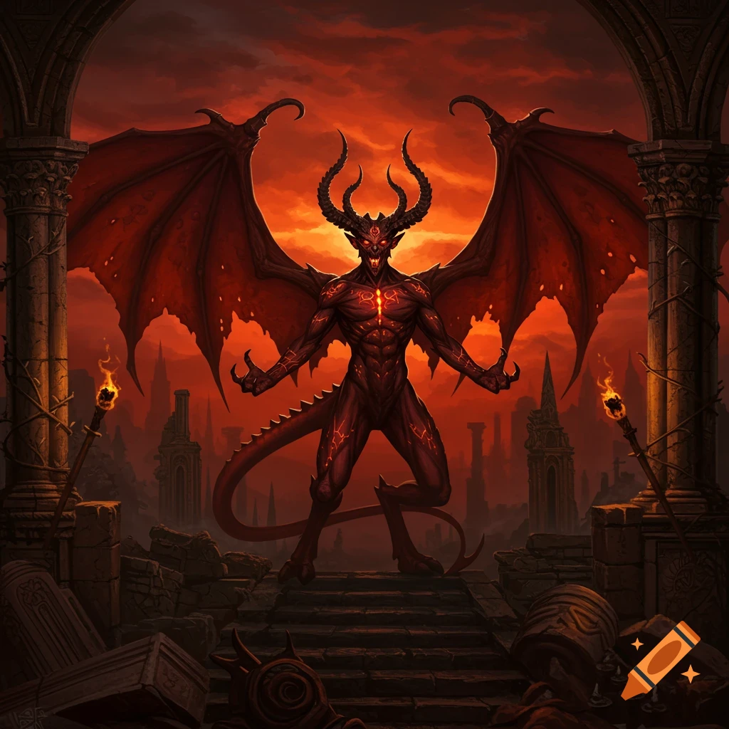 A menacing, winged red demon with horns stands in a fiery, ruined landscape, depicted in a dark fantasy art style.