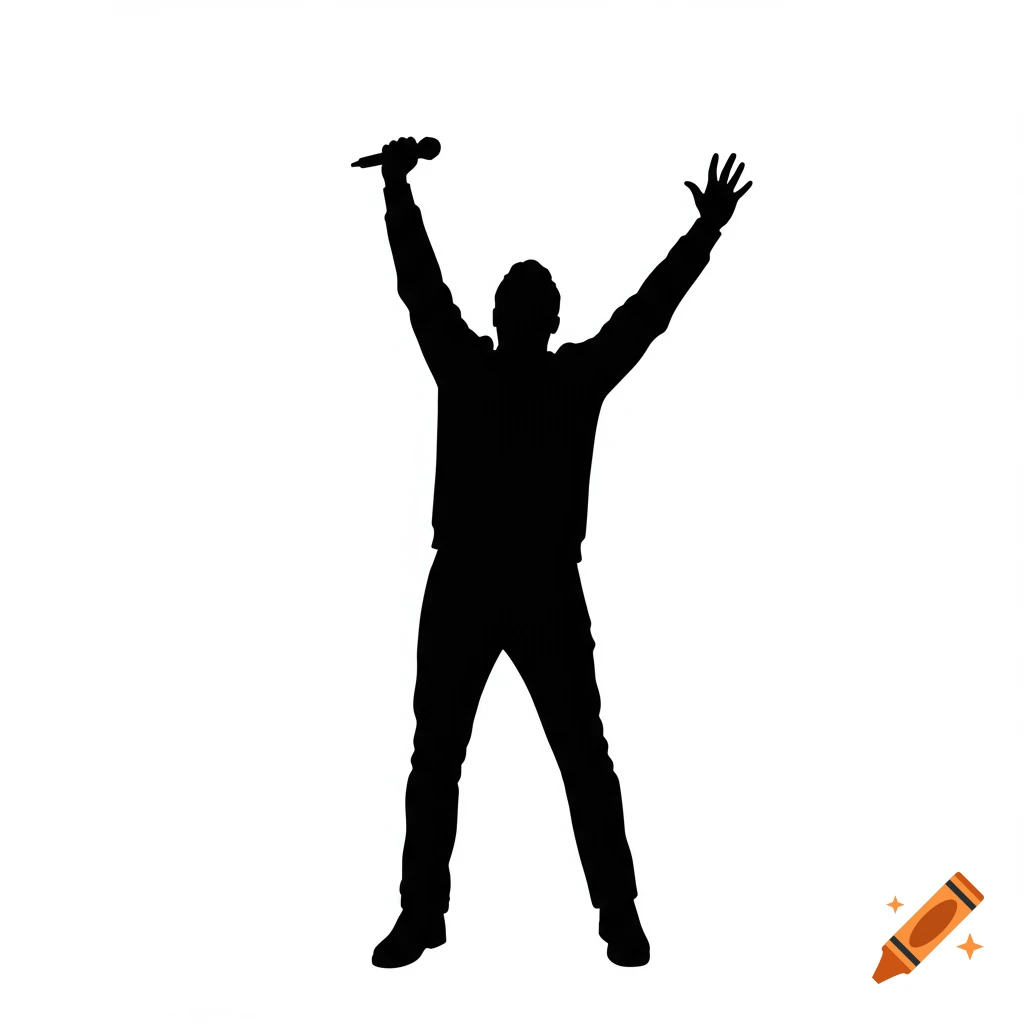 A black silhouette of a man holding a microphone up with both arms raised against a white background.