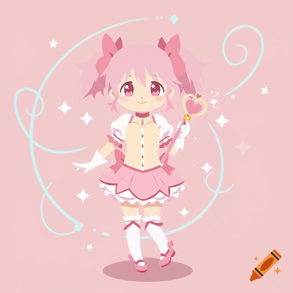 Cute anime magical girl with pink pigtails, a frilly pink dress, and a heart-tipped wand on a light pink background.