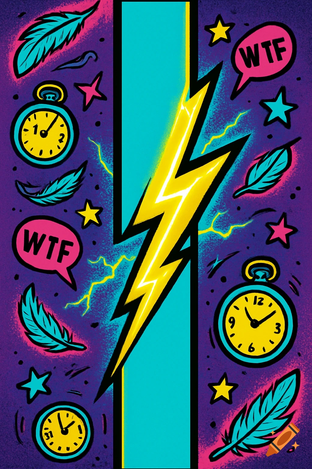 Neon pop-art comic style illustration with a vertical glowing lightning bolt flanked by surreal doodles like clocks, feathers, stars, and "WTF" speech bubbles, all in a bold pink, turquoise, yellow, and purple palette.