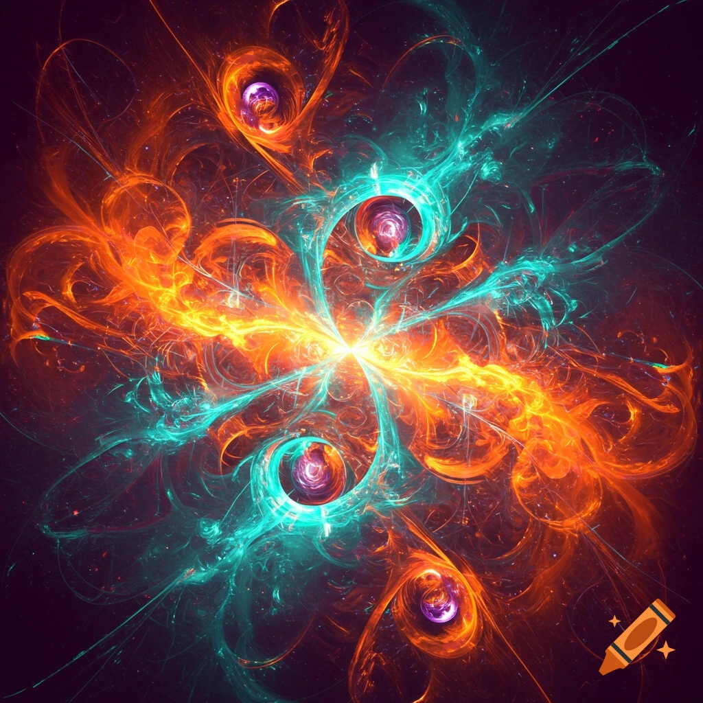 Abstract swirling patterns of glowing orange, yellow, and turquoise light on a dark background.