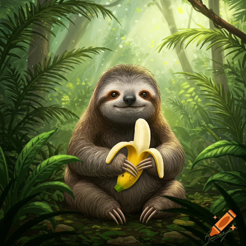 A cute, furry sloth sits in a vibrant green jungle, holding a partially peeled yellow banana. Illustrated.