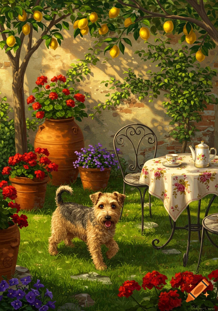 A cute terrier dog walks in a sunny garden with lemon trees, potted flowers, and a tea table. Painterly illustration.