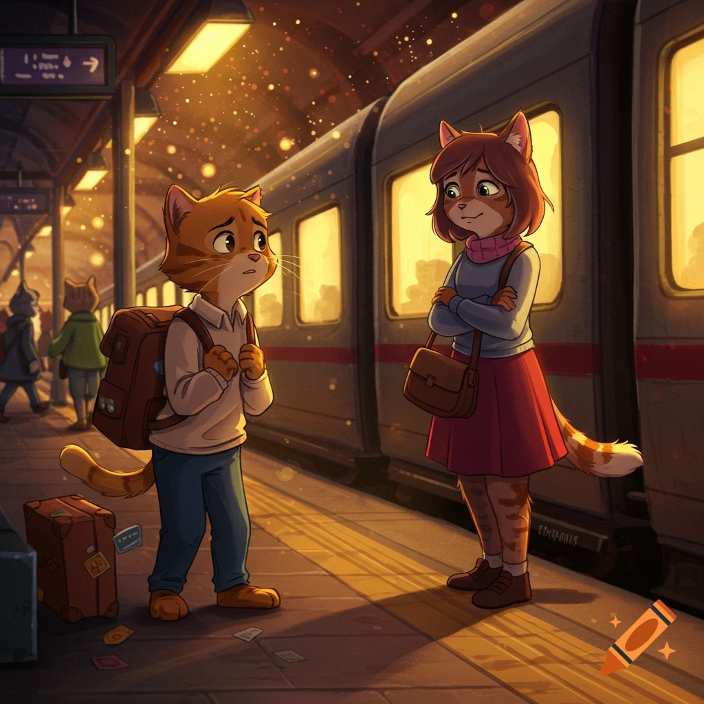 Anthropomorphic cat characters, a shy boy and a charming girl, wait at a warm, golden-toned train station in a cinematic cartoon style.