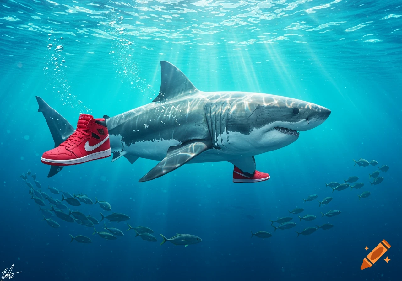 A great white shark wearing red Nike high-top sneakers on its fins swims underwater among schools of small fish.
