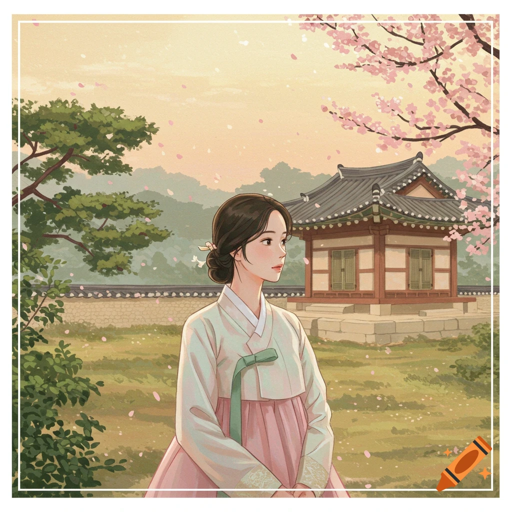 An illustrated woman in a white and pink Hanbok stands in a traditional Korean garden with a hanok house and falling cherry blossoms.