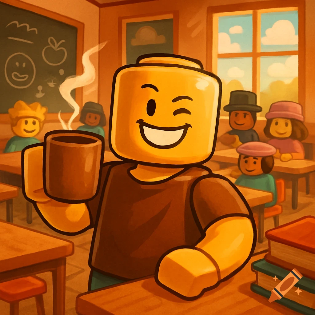 A winking Lego-style character holds a steaming coffee mug in a classroom, with other students in the background; cartoon digital art.