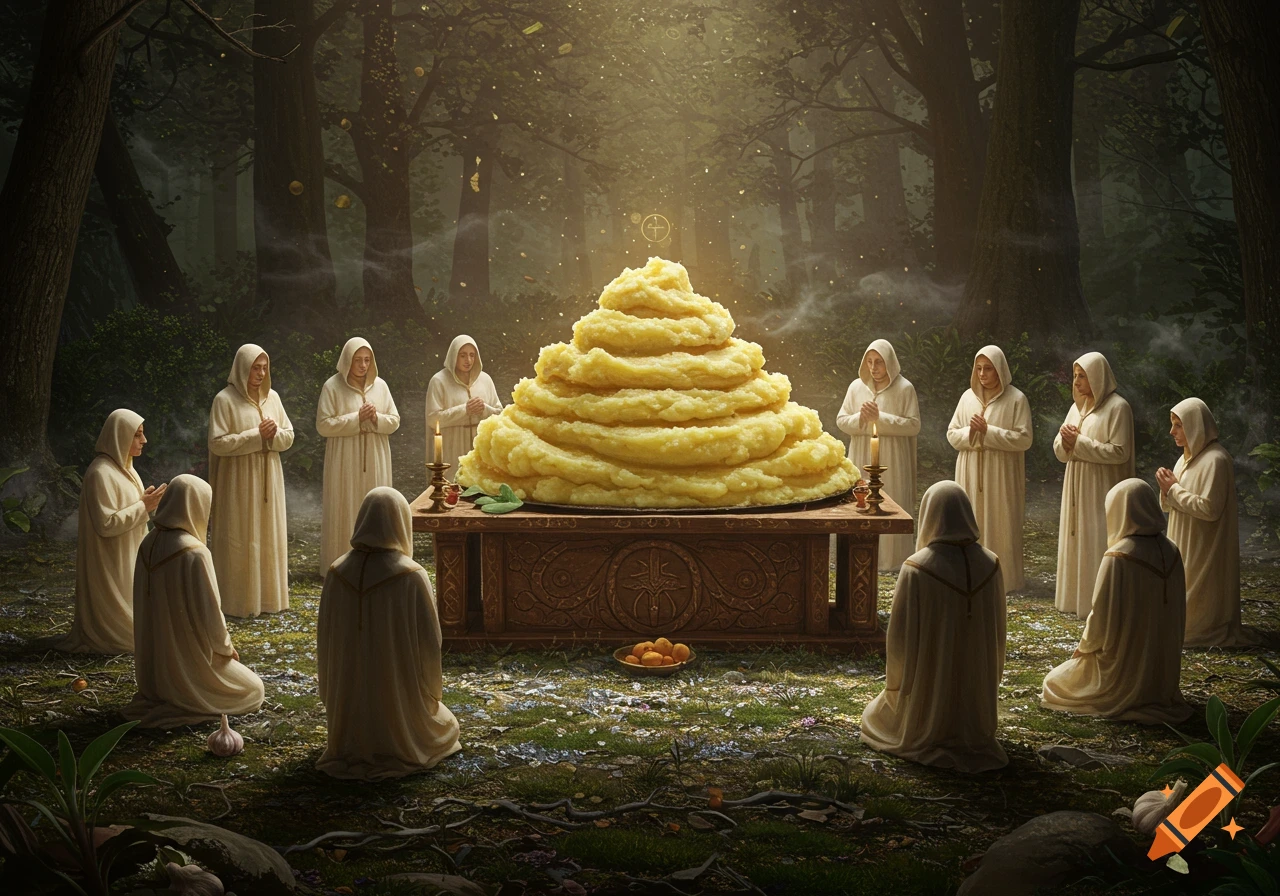 Robed cultists worship a large mound of mashed potatoes on an altar in a sun-dappled forest.
