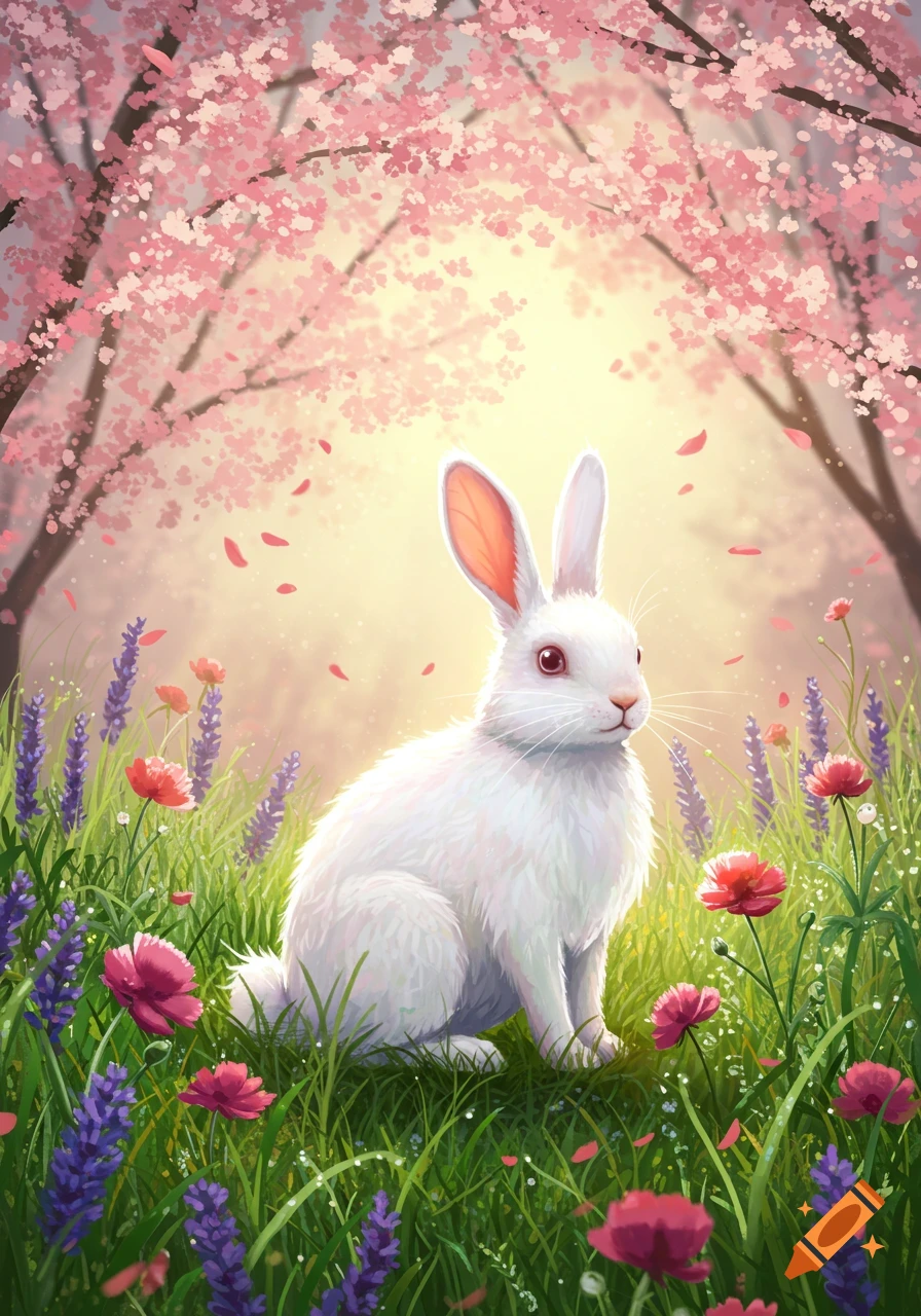 A white rabbit sits in a vibrant field of green grass and colorful flowers under blossoming cherry trees with falling petals, in a whimsical style.