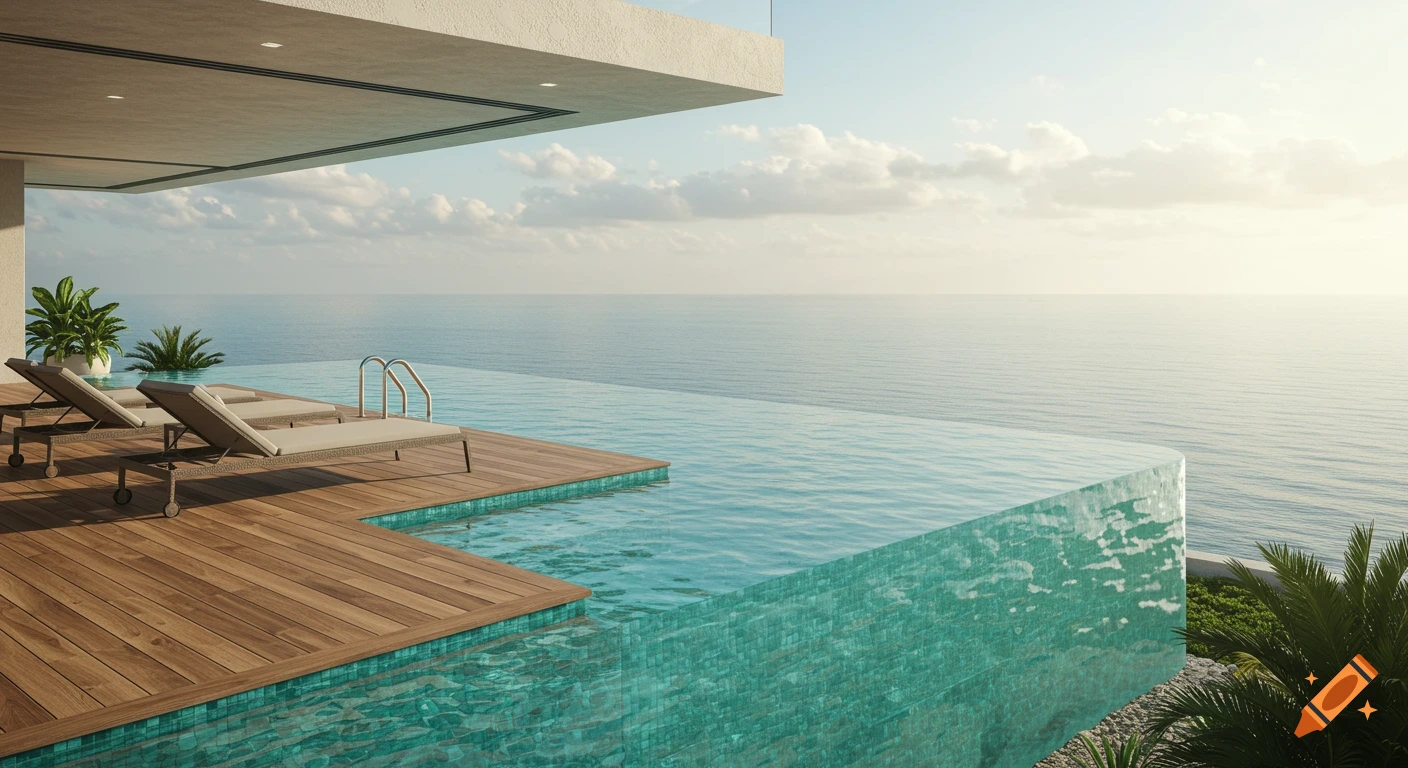 Photorealistic view of a modern infinity pool with a wooden deck, lounge chairs, and lush plants overlooking a vast ocean under a clear sky.