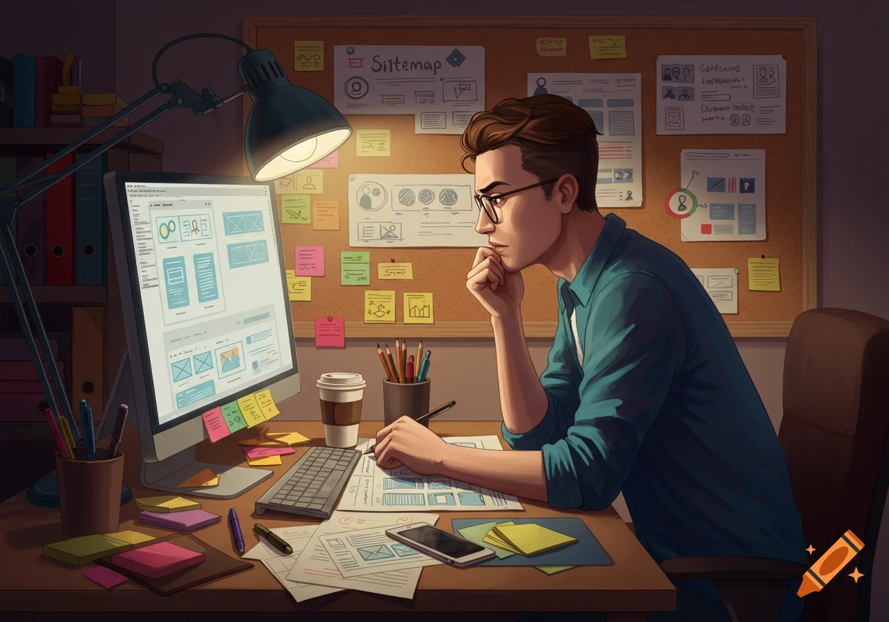 An illustration of a man with glasses intently working on a computer at a desk, surrounded by papers, a coffee cup, and a cork board with notes.