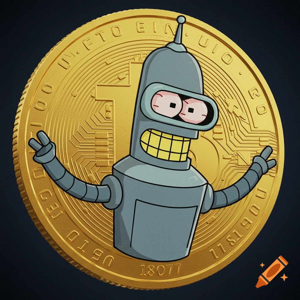 Cartoon robot Bender from Futurama with an exaggerated expression on a shiny gold coin featuring a Bitcoin logo and circuit patterns.