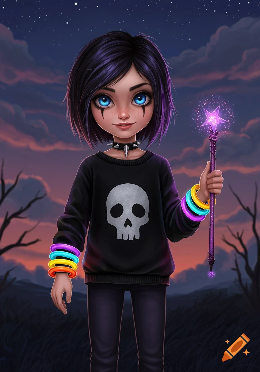 A stylized cartoon goth girl with blue eyes and purple hair holds a sparkling purple wand, wearing a black skull sweater and colorful bracelets.