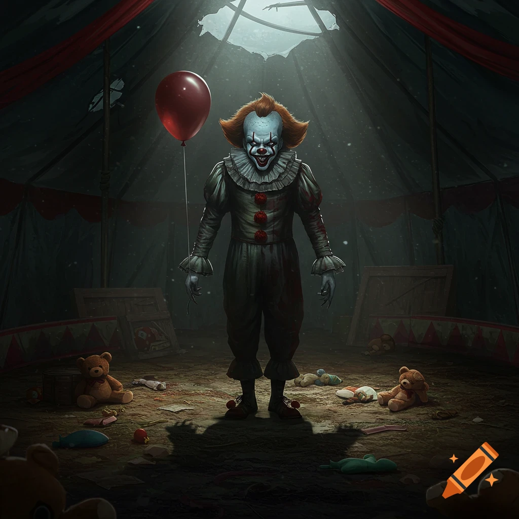 A scary clown, resembling Pennywise, stands in a dark, abandoned circus tent, holding a red balloon, surrounded by discarded teddy bears and toys.