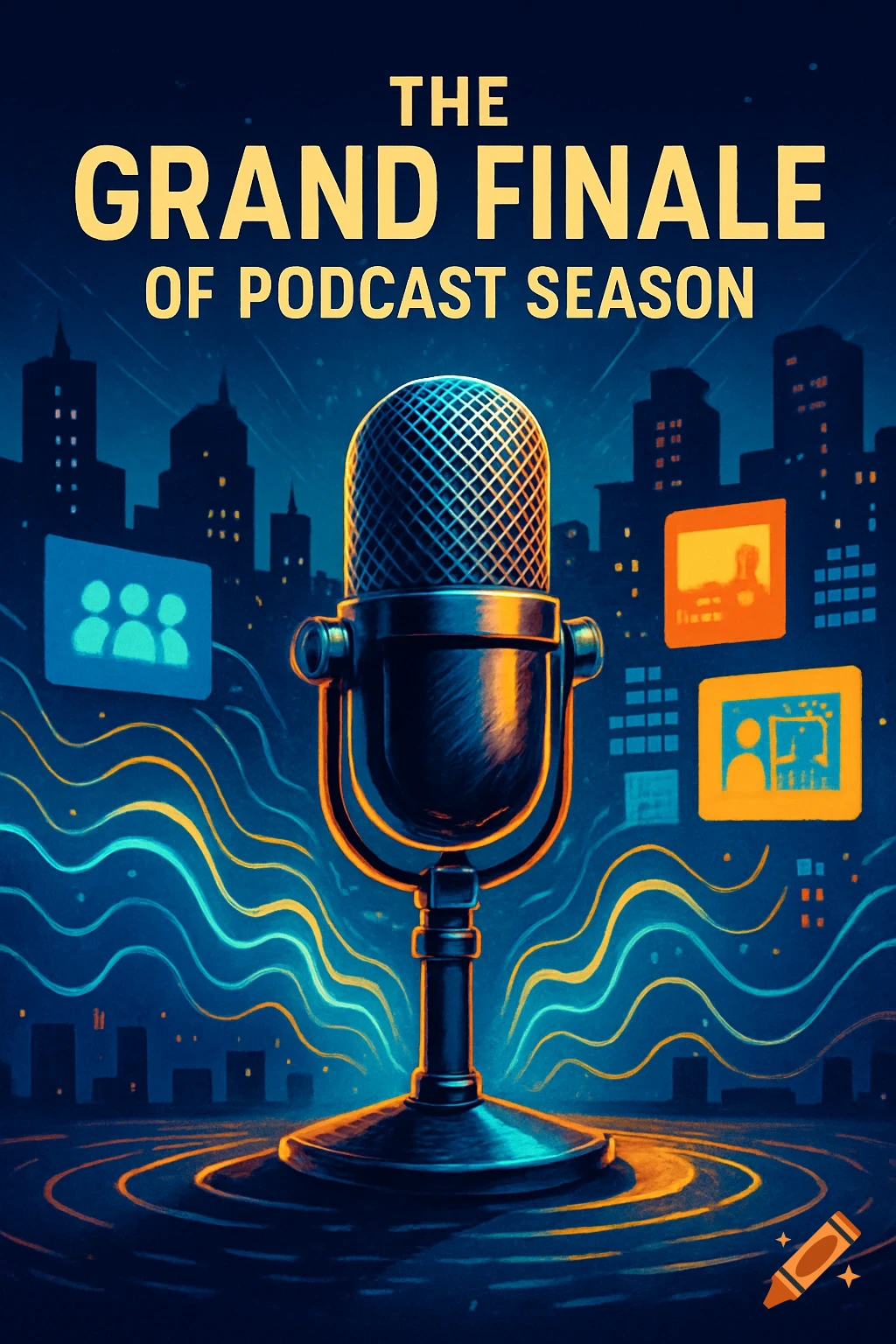 A vibrant graphic design of a vintage microphone against a dark blue cityscape with glowing sound waves. Text reads: THE GRAND FINALE OF PODCAST SEASON.