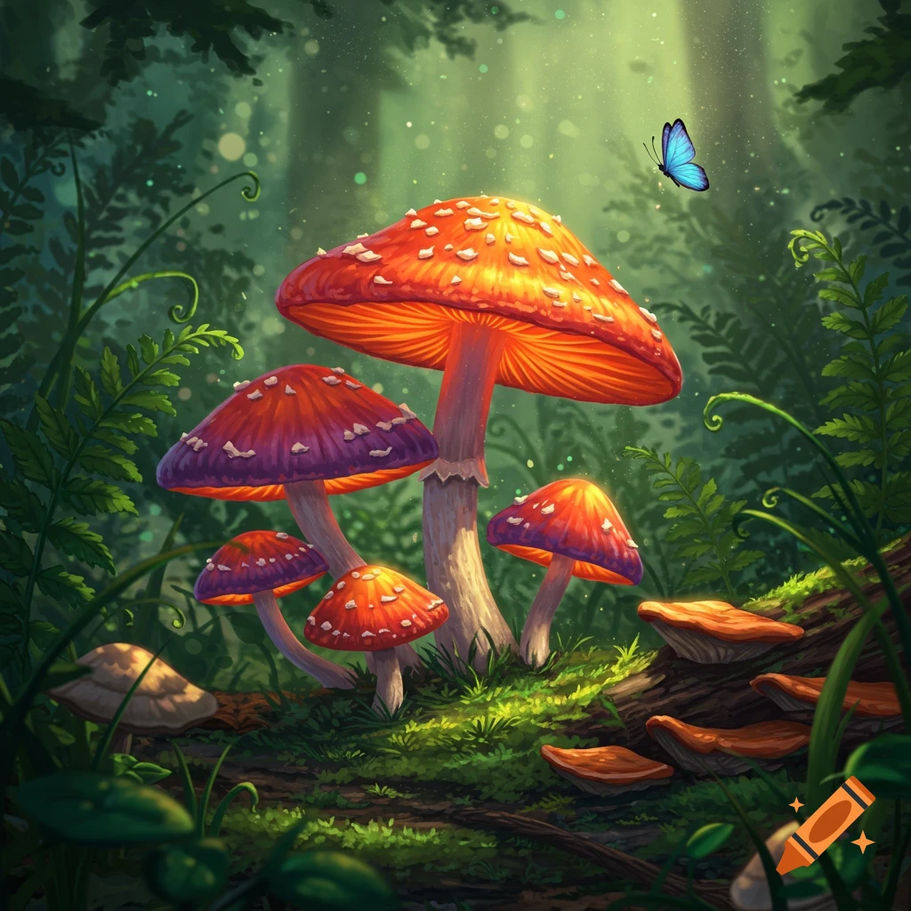 A group of glowing red and purple mushrooms on a mossy forest floor, with a blue butterfly flying above, in a fantastical style.