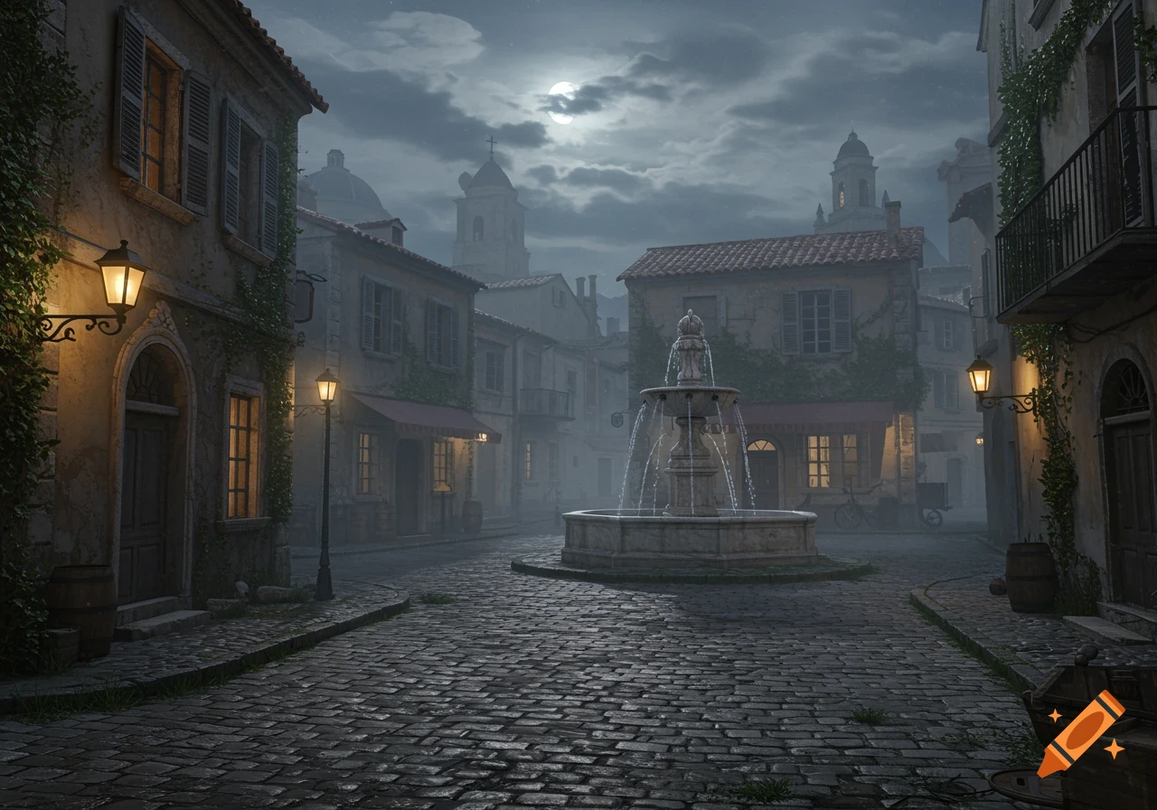 Moonlit European village square with a central fountain, cobblestone street, and old ivy-covered buildings at night.