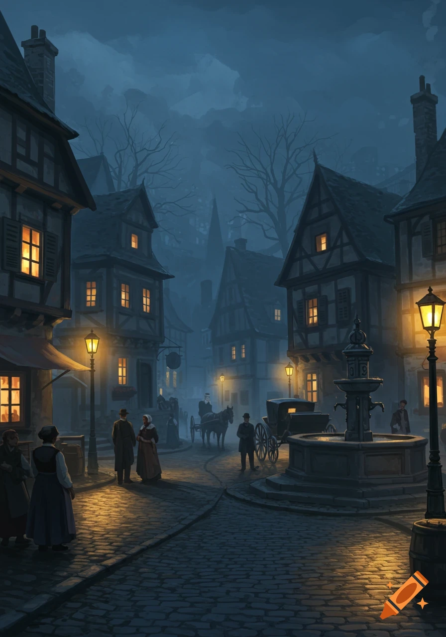 Digital painting of a moody European village square at night with gas lamps and people in 1800s attire.
