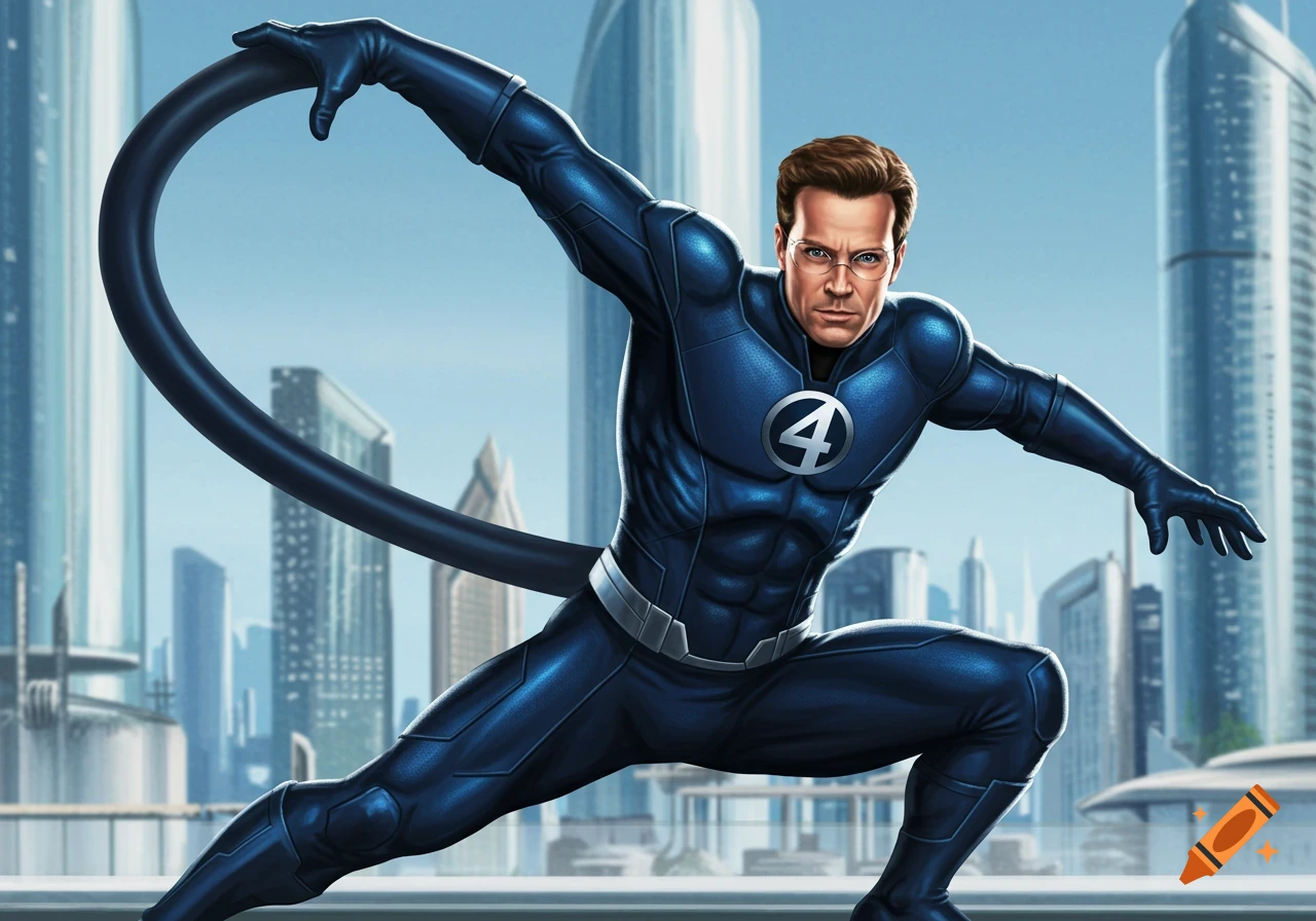 Mr. Fantastic in his blue superhero suit, stretching his arm, poses in front of a modern city in a comic art style.