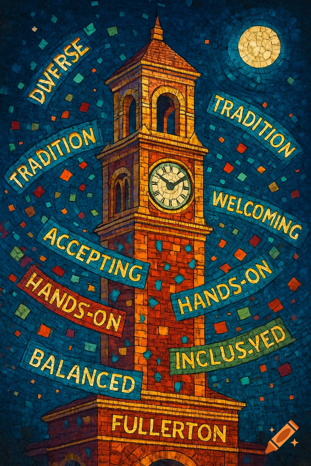 A mosaic-style illustration of Fullerton's clock tower, with colorful tiles and positive words like "DIVERSE," "TRADITION," and "FULLERTON" surrounding it on a dark blue background with a moon.