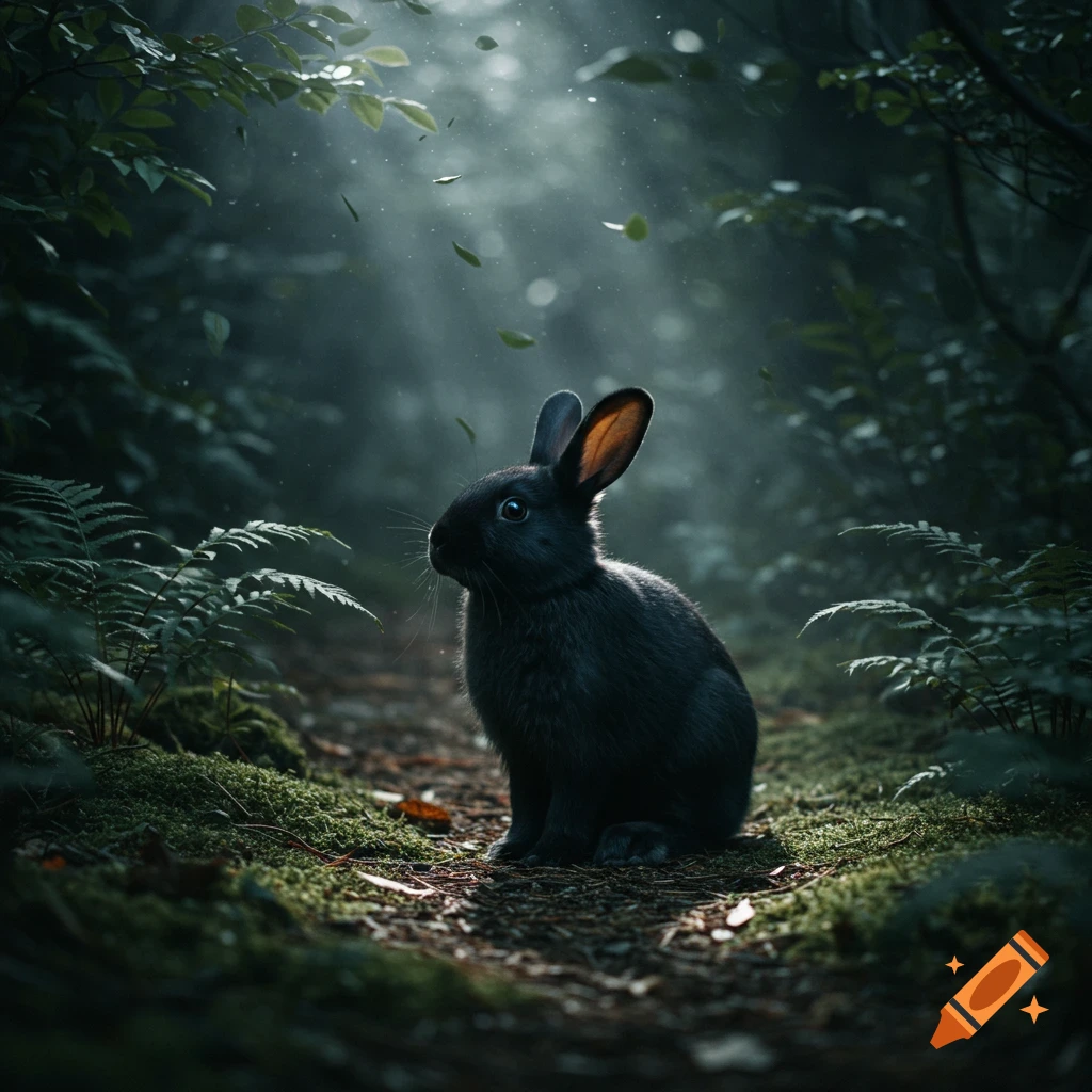 Photorealistic image of a black rabbit sitting on a forest path with dappled sunlight and falling leaves.