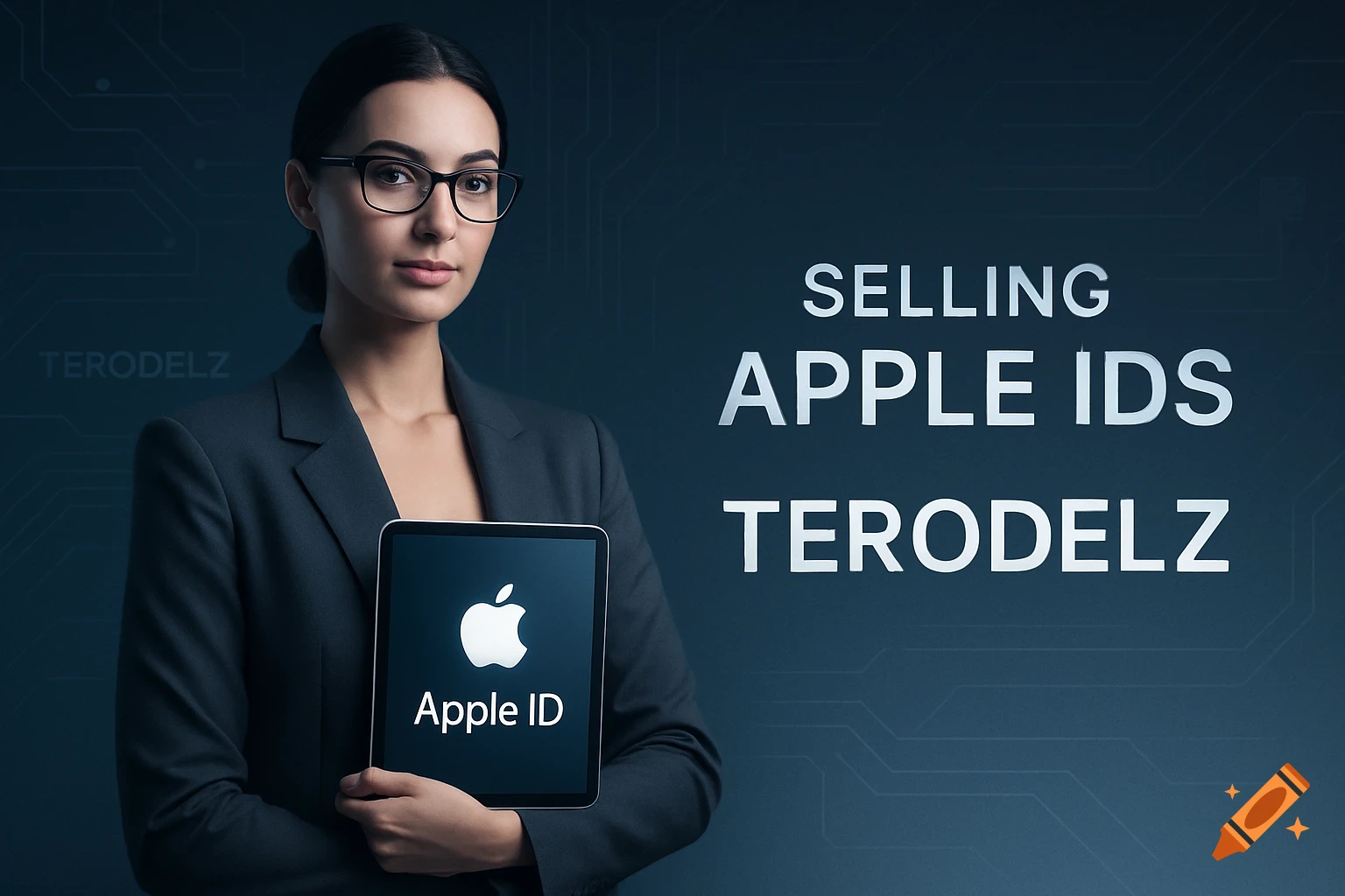 A woman in a business suit holds a tablet displaying 'Apple ID,' with 'SELLING APPLE IDS TERODELZ' text in the background.