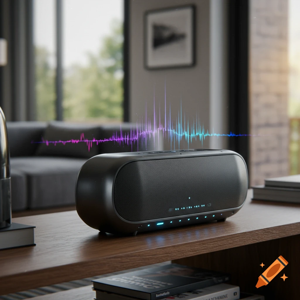 A sleek black bluetooth speaker sits on a wooden table, emitting a colorful sound wave in a modern living room.
