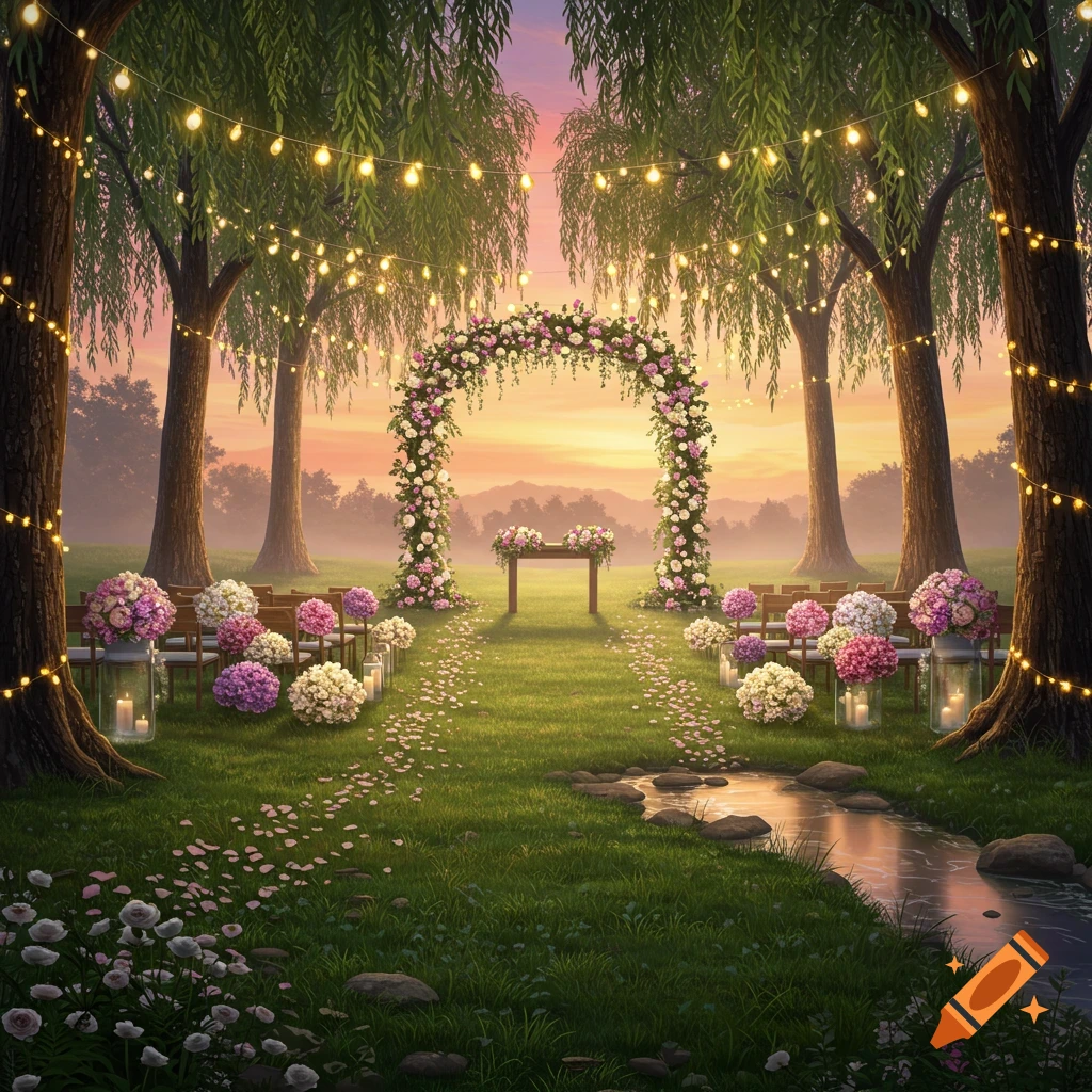 An idyllic outdoor wedding ceremony setup at sunset, featuring a floral arch, string lights, a grass aisle with petals, and a small stream.