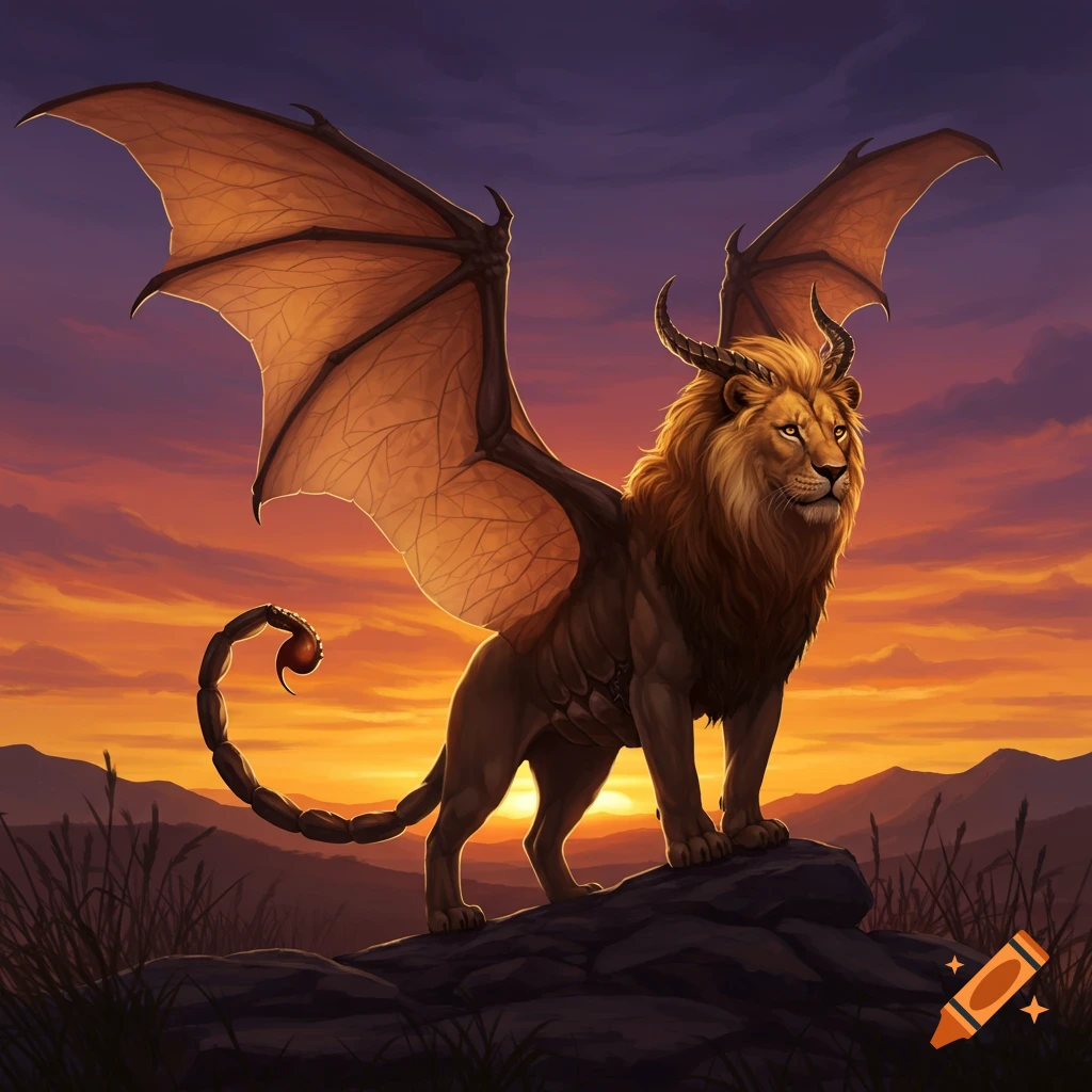 A majestic chimera lion with bat wings and a scorpion tail stands on a rock at sunset.