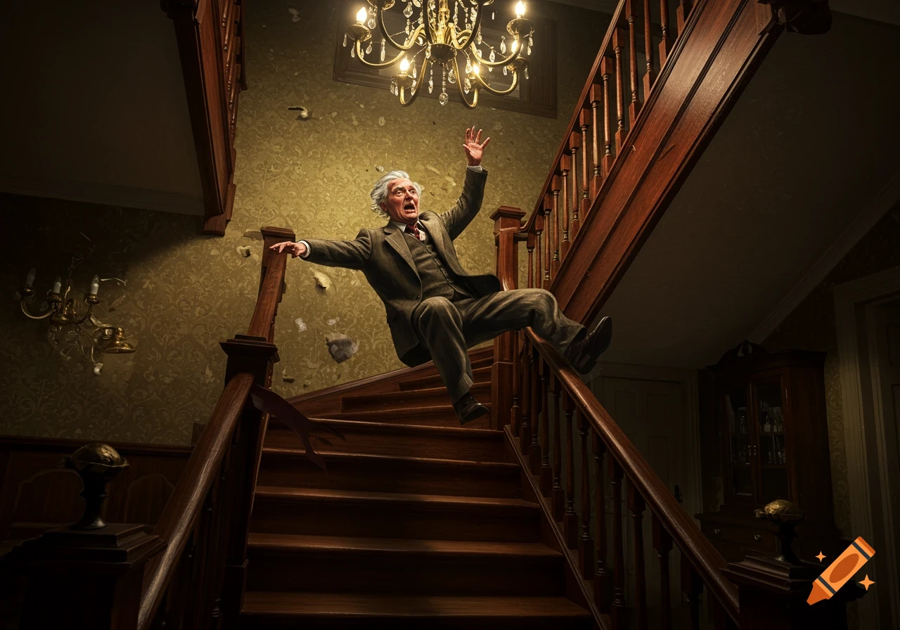 An old man in a suit dramatically falls down a grand, ornate wooden staircase in a dark mansion.