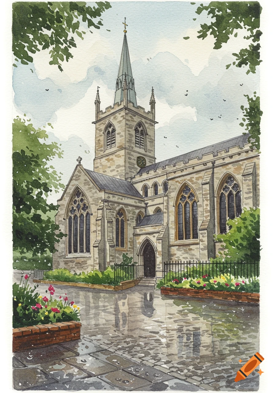 Watercolor illustration of a stone church with a tall spire, arched windows, and a wet, reflective cobblestone path in the foreground, surrounded by trees and flowers.