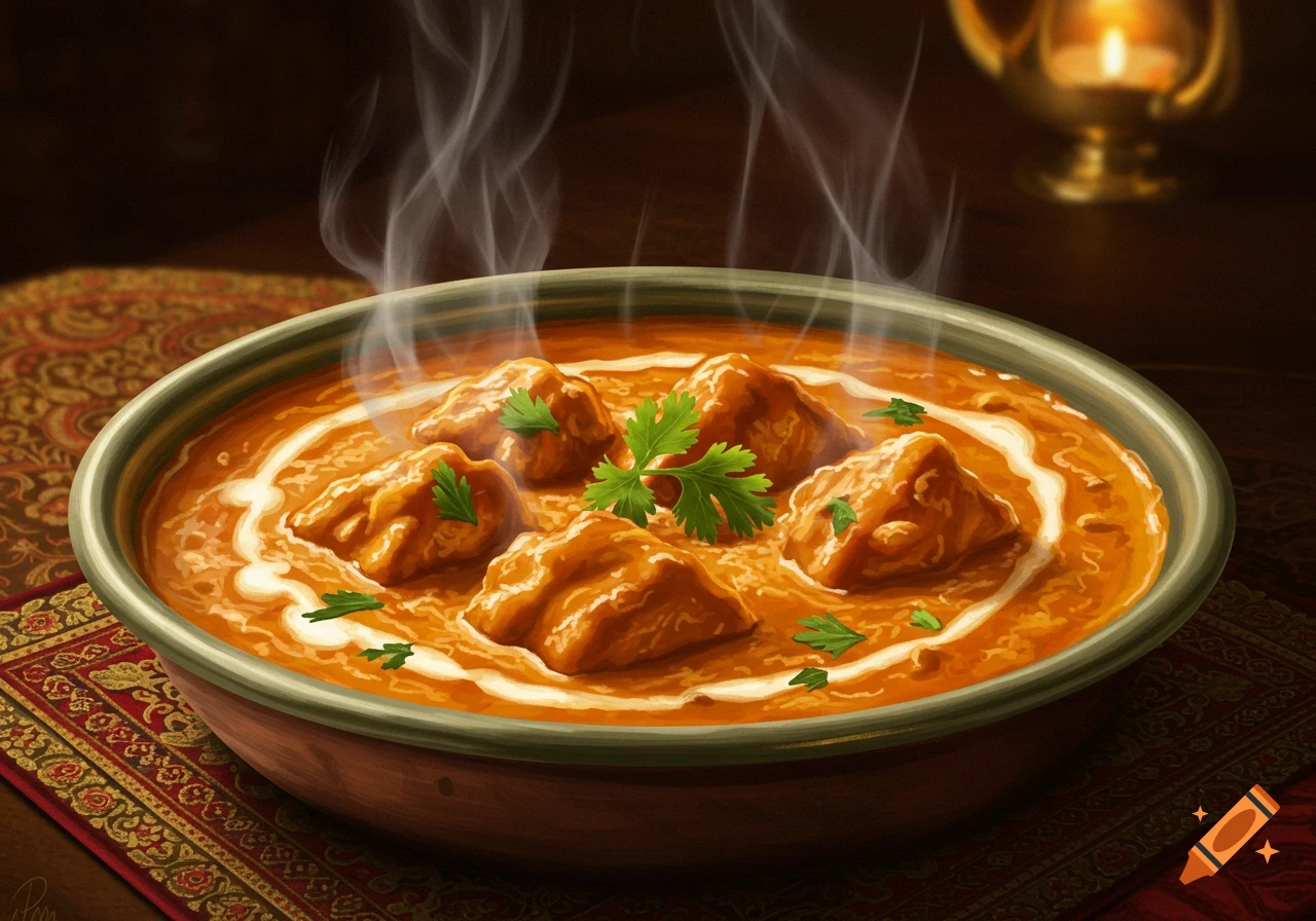A close-up of a steaming bowl of butter chicken garnished with cilantro, sitting on a decorative patterned rug with a blurred lamp in the background.