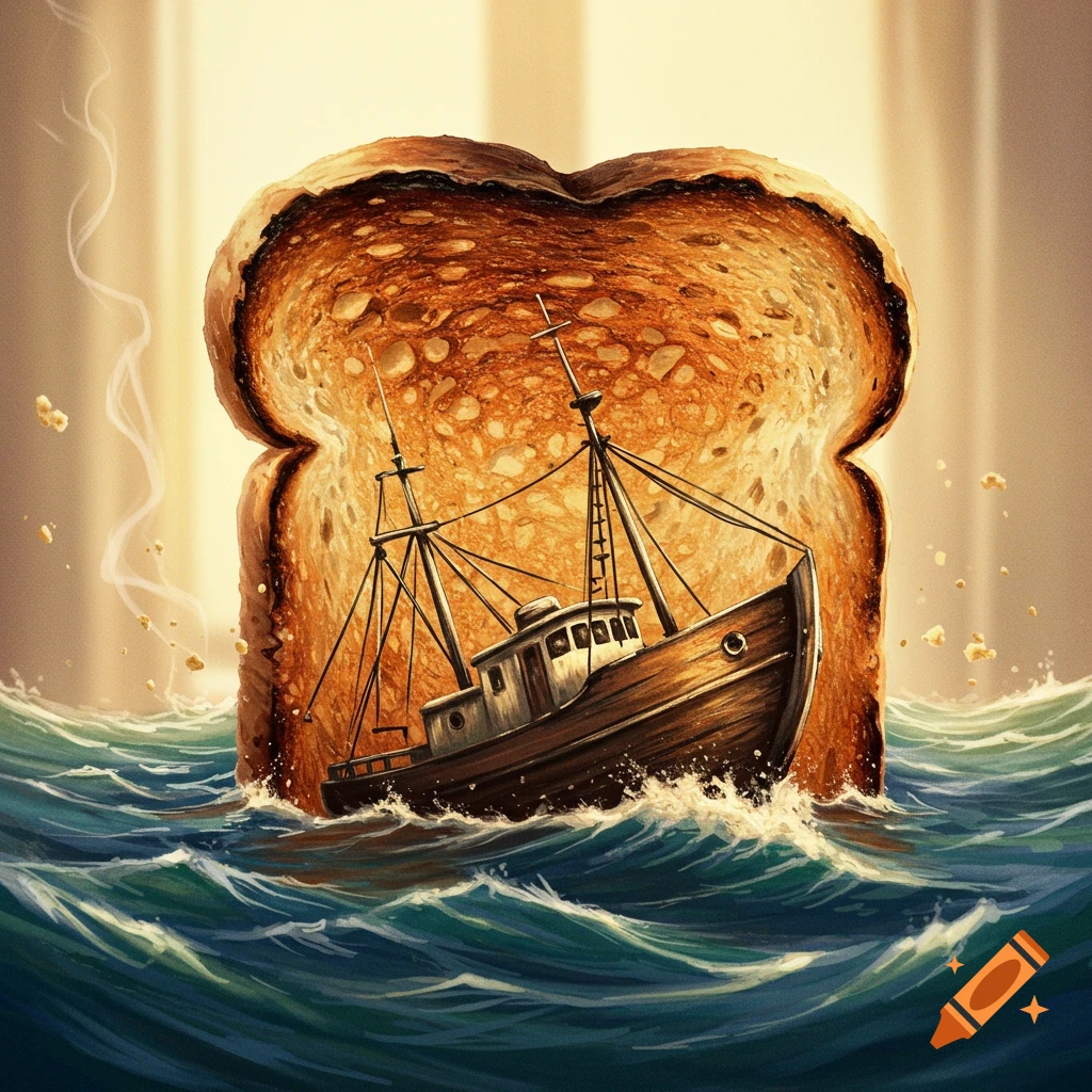 A large piece of golden-brown toast shaped like a fishing boat is sinking in rough, blue ocean waves.