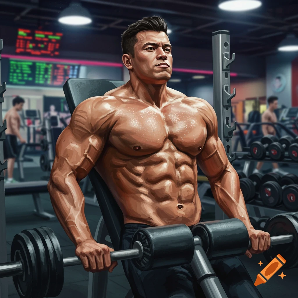 A very muscular man with a large chest works out shirtless on an incline bench in a gym, holding a barbell.