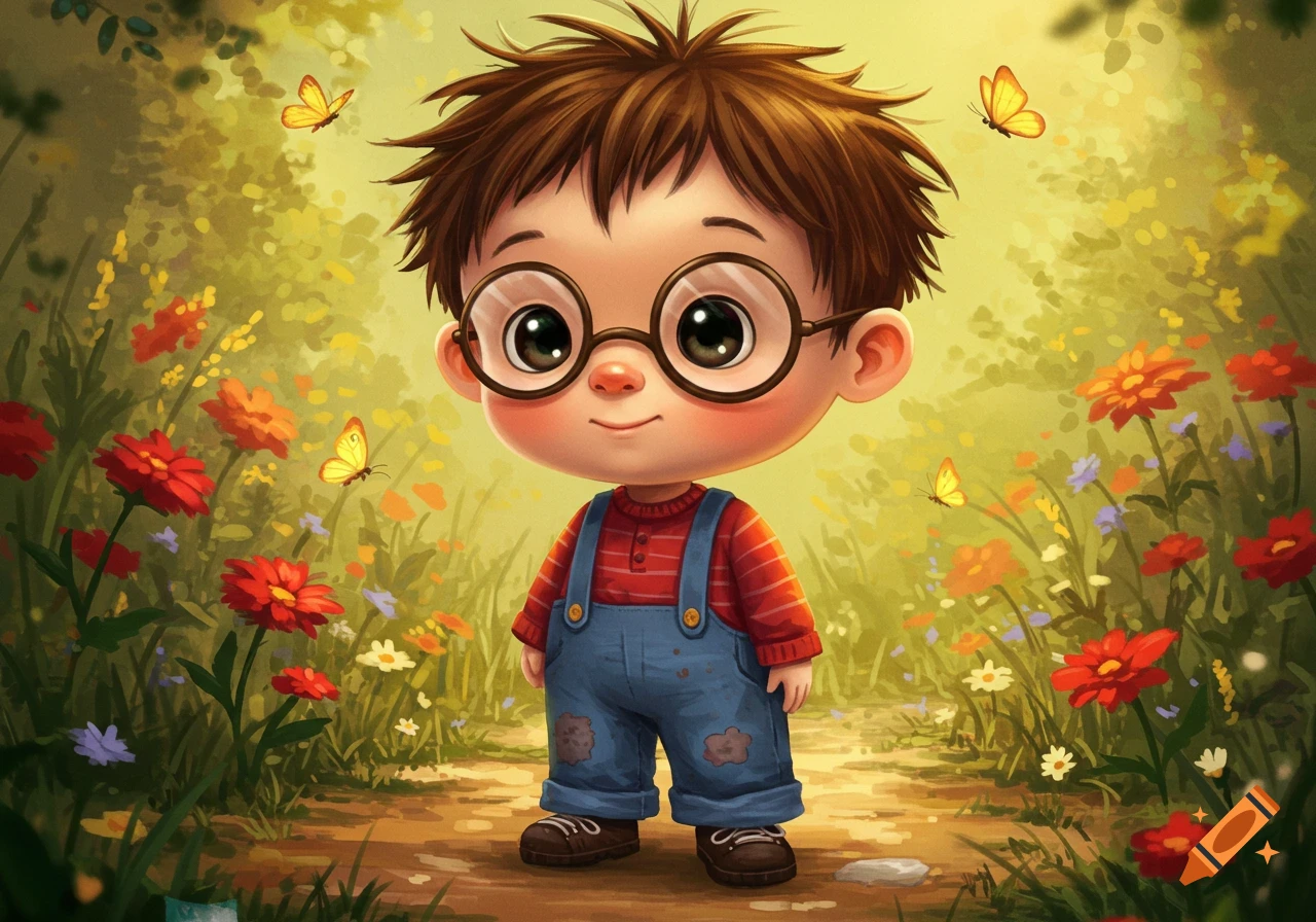 A cute cartoon boy with glasses and messy brown hair in overalls stands on a path amidst colorful flowers and butterflies.