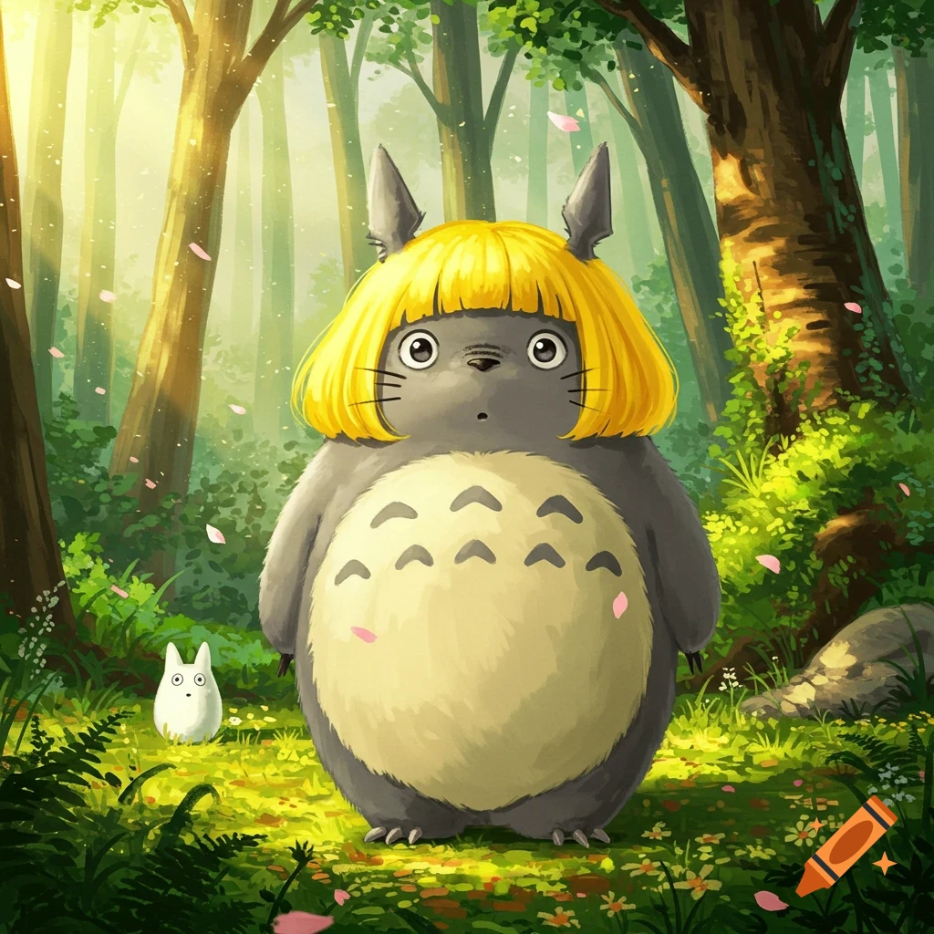 A large grey Totoro-like creature with a yellow bob wig stands in a lush green forest with a small white creature.