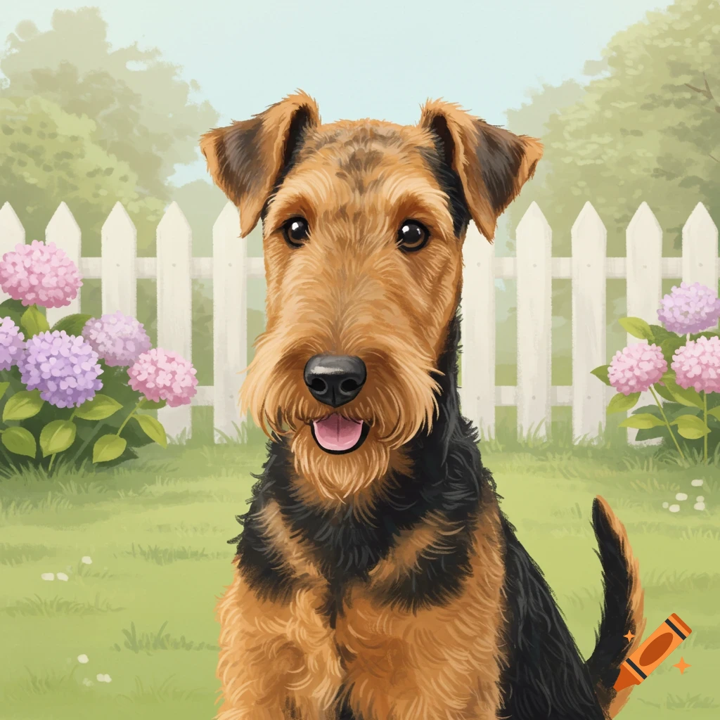 Cartoon Airedale terrier sitting in a green garden in front of a white picket fence and hydrangeas.