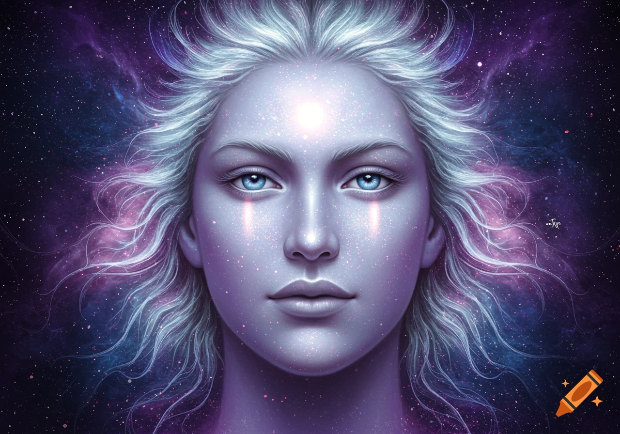 Close-up digital painting of an ethereal face with blue eyes and glowing hair against a cosmic, starry galaxy background.