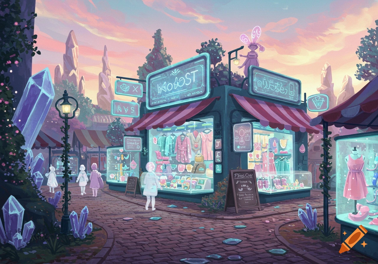 A fantastical market street with glowing crystal structures, pastel-colored shops, and stylized figures on a cobblestone path.
