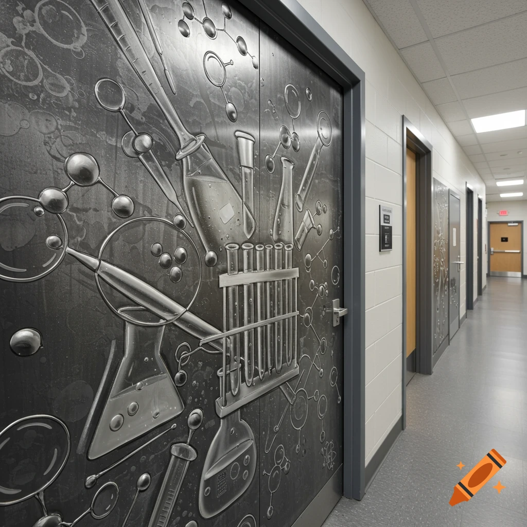 A university hallway with a door adorned with a zinc painting design of laboratory equipment like test tubes and flasks.