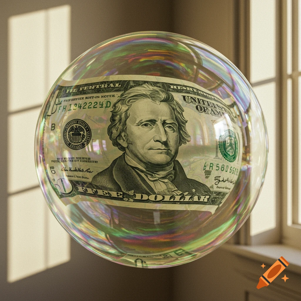 A close-up of a US ten-dollar bill enclosed within a shimmering, iridescent soap bubble, set against a softly lit background of a window and wall.