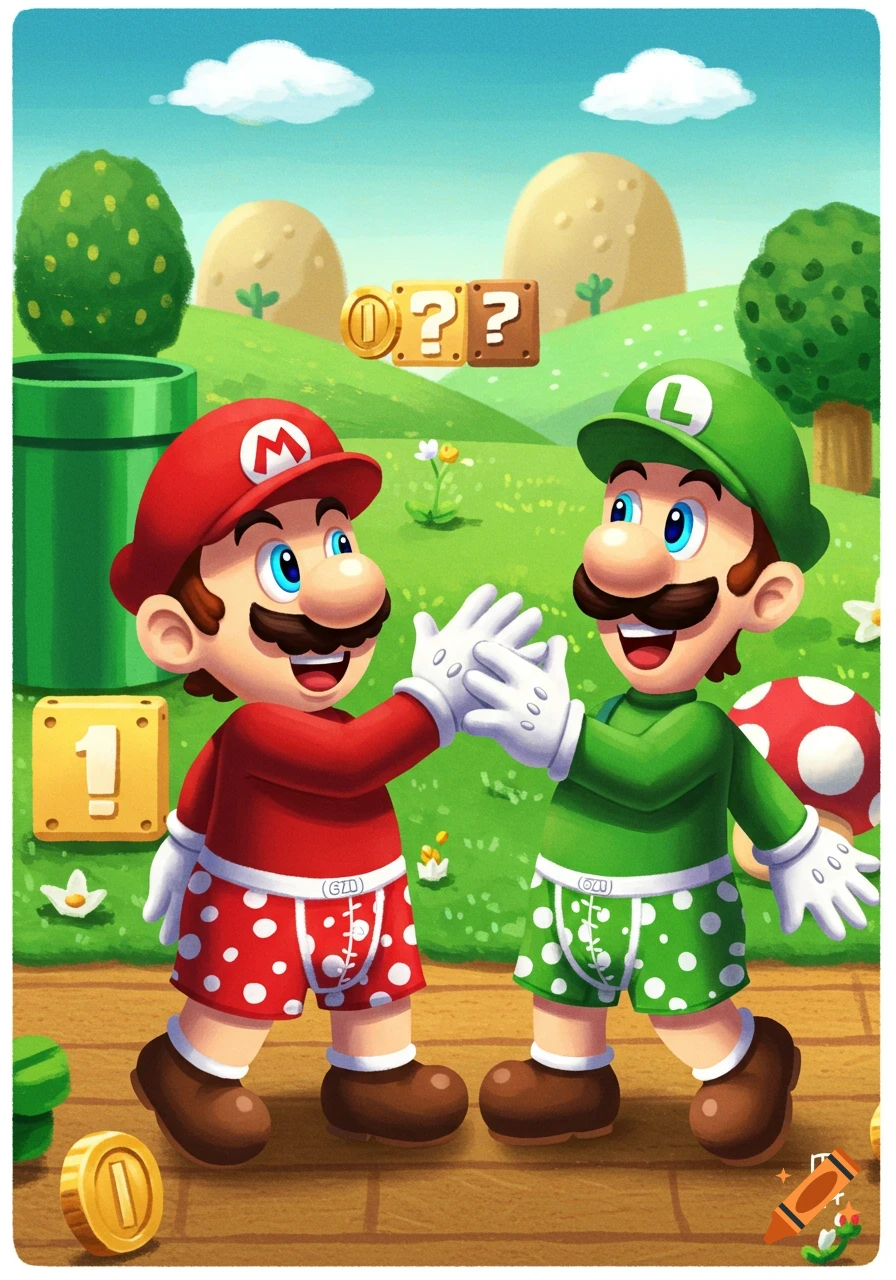 Mario and Luigi in red and green polka dot boxer shorts high-fiving in a vibrant cartoon Super Mario Bros. landscape.
