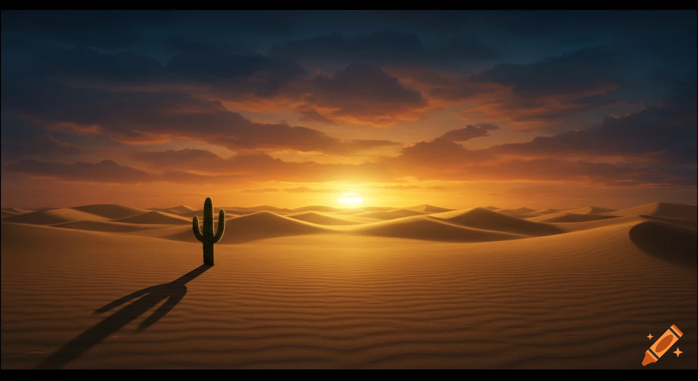 A lone saguaro cactus casts a long shadow across sand dunes in a desert at a vibrant sunset.