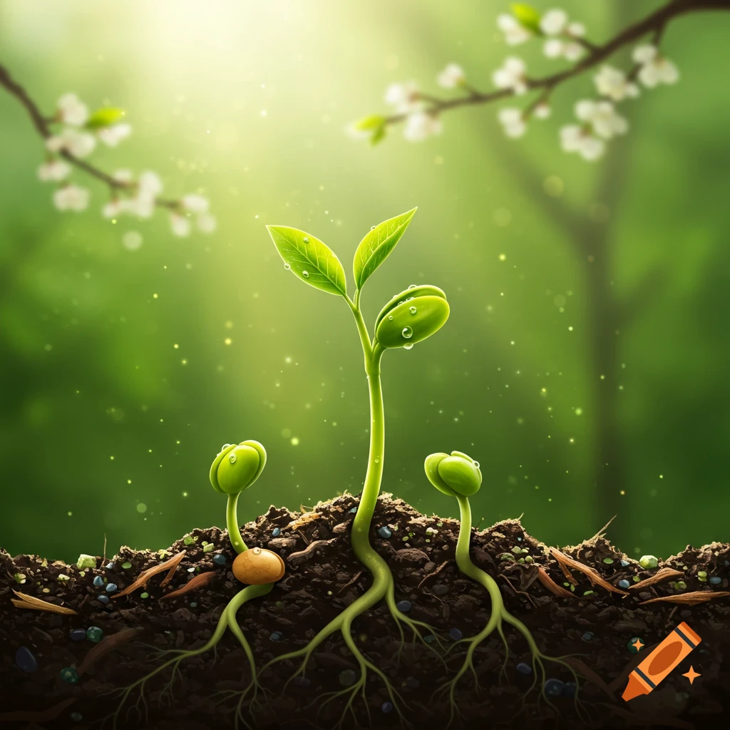 Photorealistic close-up of young green sprouts growing in rich soil with visible roots, bathed in sunlight.